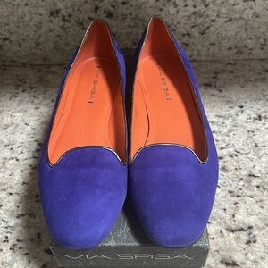 Via Spiga ‘Edina’ Violet Purple Suede Loafers w/metallic leather piping at edge